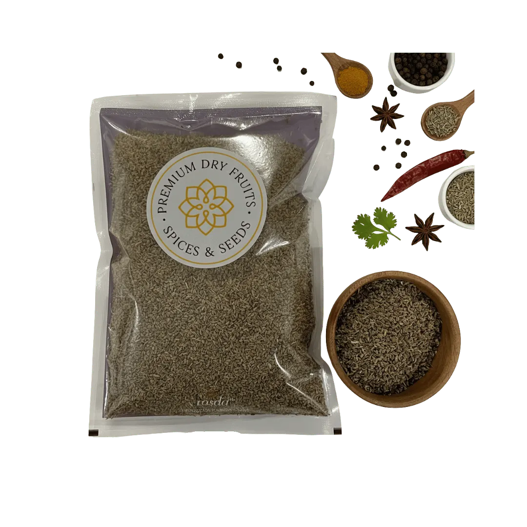 Packaged Carom Seeds with a visible brand label on a white background