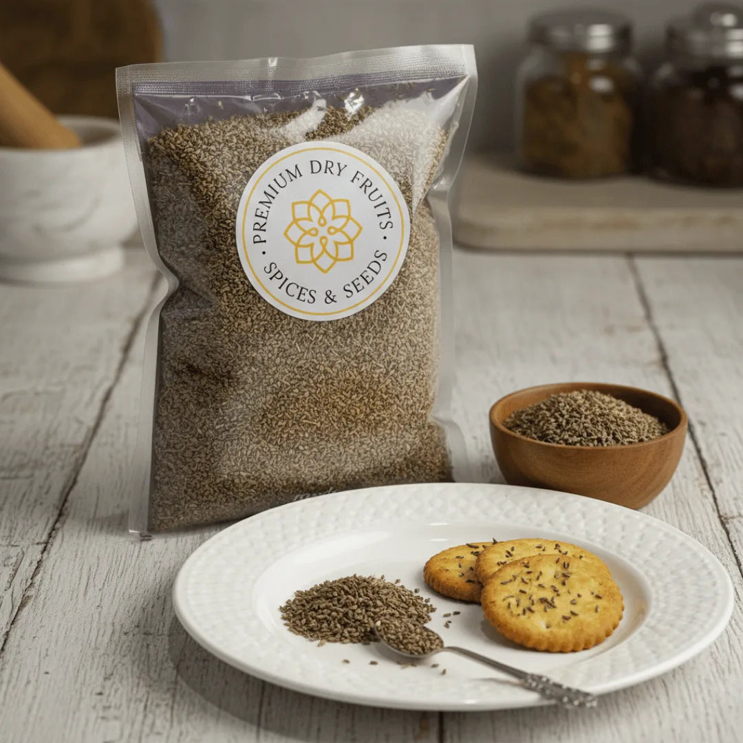 Bag of Carom Seeds with a plate of cookies and seeds on a wooden surface.