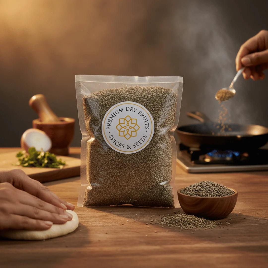 Carom Seeds package with a cooking scene in the background