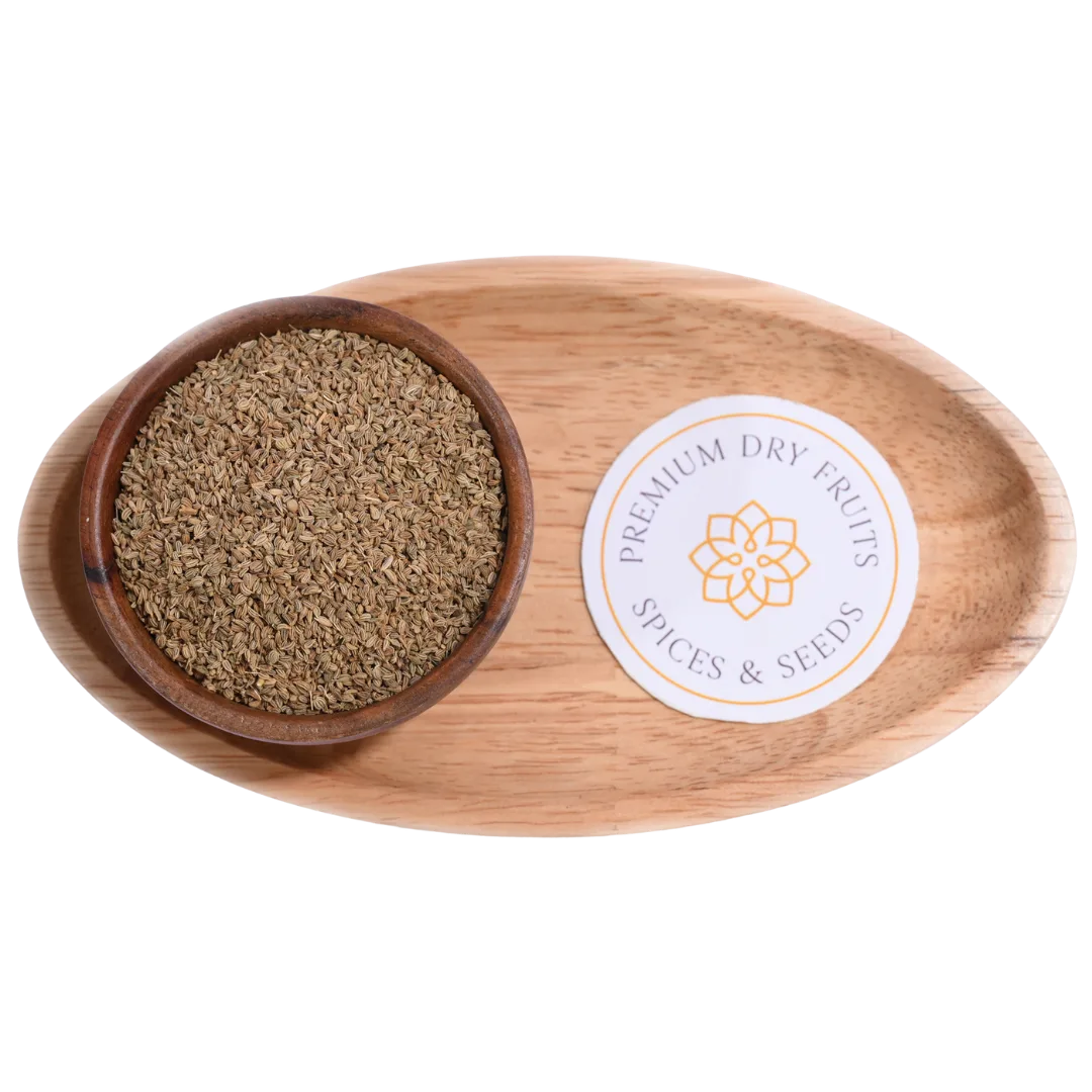 Ajwain or carom seeds natural Indian spice in wooden bowl for cooking and health