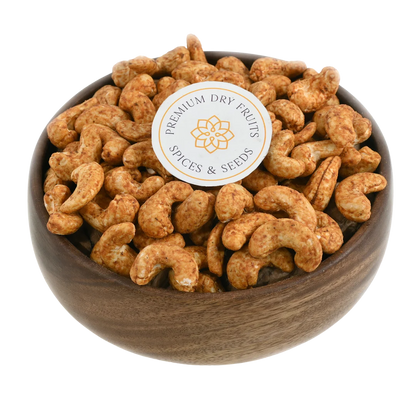 Smoky barbeque spiced cashew nuts served in a wooden bowl, buy flavoured cashews online in Bangalore
