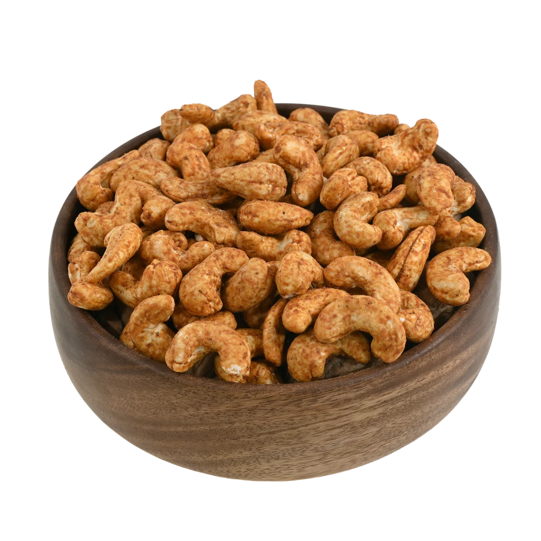 Premium barbeque flavoured cashews in a rustic wooden bowl, best spiced dry fruits online in Bangalore from House of Rasda, offering a smoky and savoury taste.