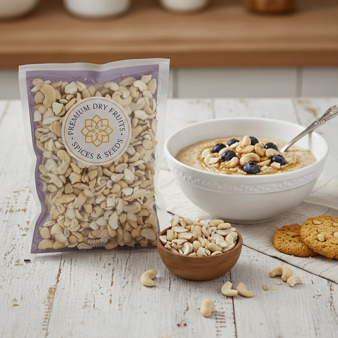 Packaged Cashew Nuts Big Pieces next to a bowl of cereal with nuts and berries on a wooden surface.