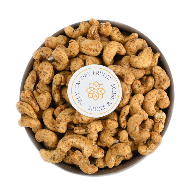 Roasted cashews tossed in tangy chilli garlic spice mix, freshly packed by House of Rasda Bangalore, perfect for snacking and gifting.