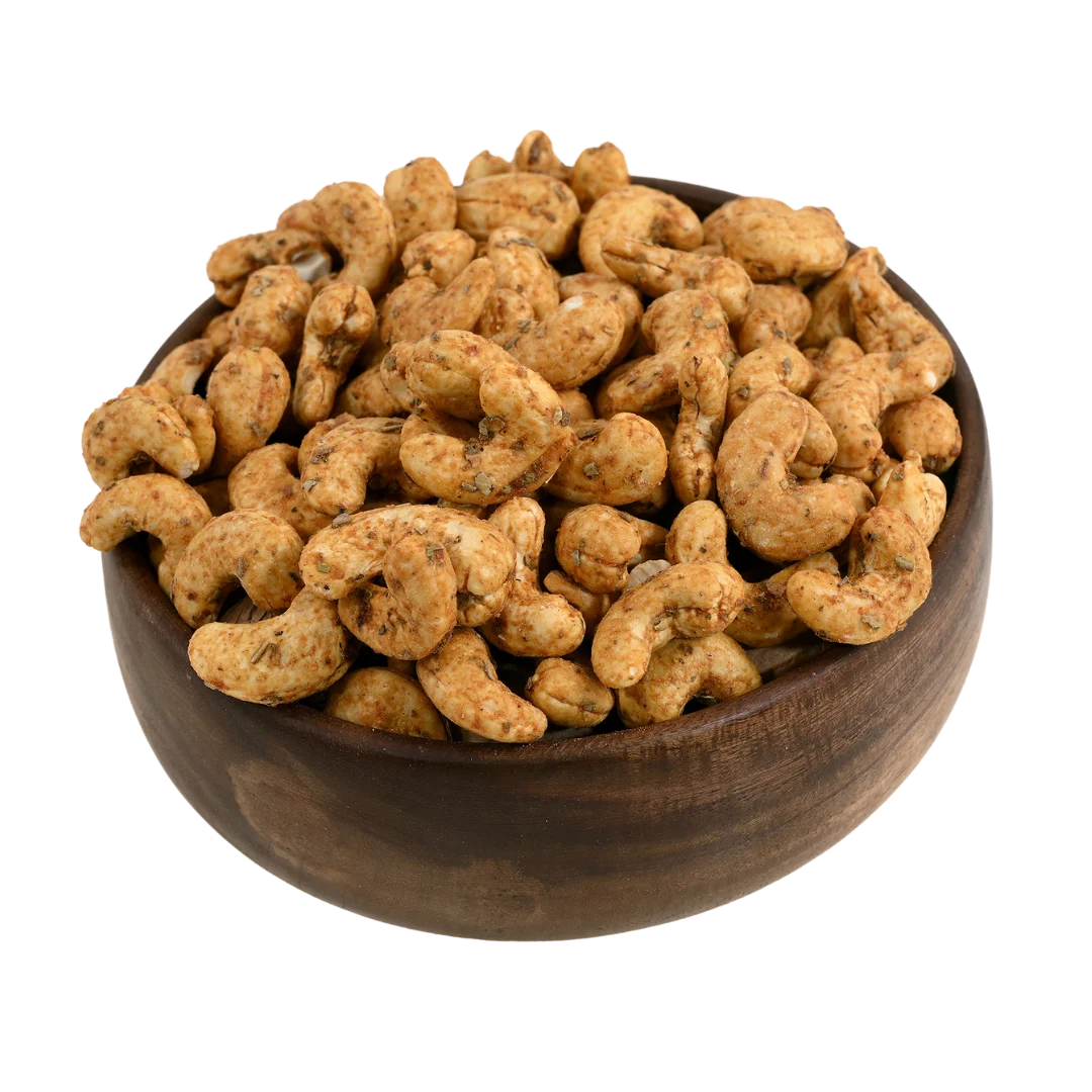 Premium chilli garlic flavoured cashews in a rustic wooden bowl, best spiced dry fruits online in Bangalore from House of Rasda, rich in taste and aroma.