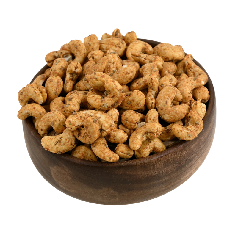 Premium chilli garlic flavoured cashews in a rustic wooden bowl, best spiced dry fruits online in Bangalore from House of Rasda, rich in taste and aroma.