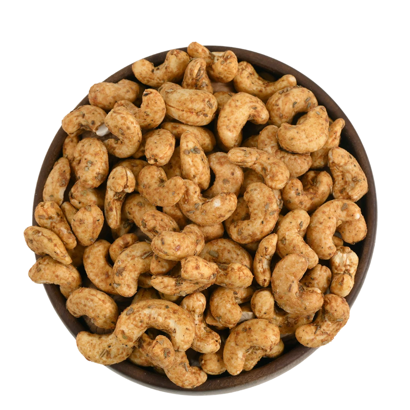 Savoury and spicy cashew nuts with garlic and red chilli flavour, healthy flavoured dry fruits from House of Rasda, ideal for parties and evening snacks.