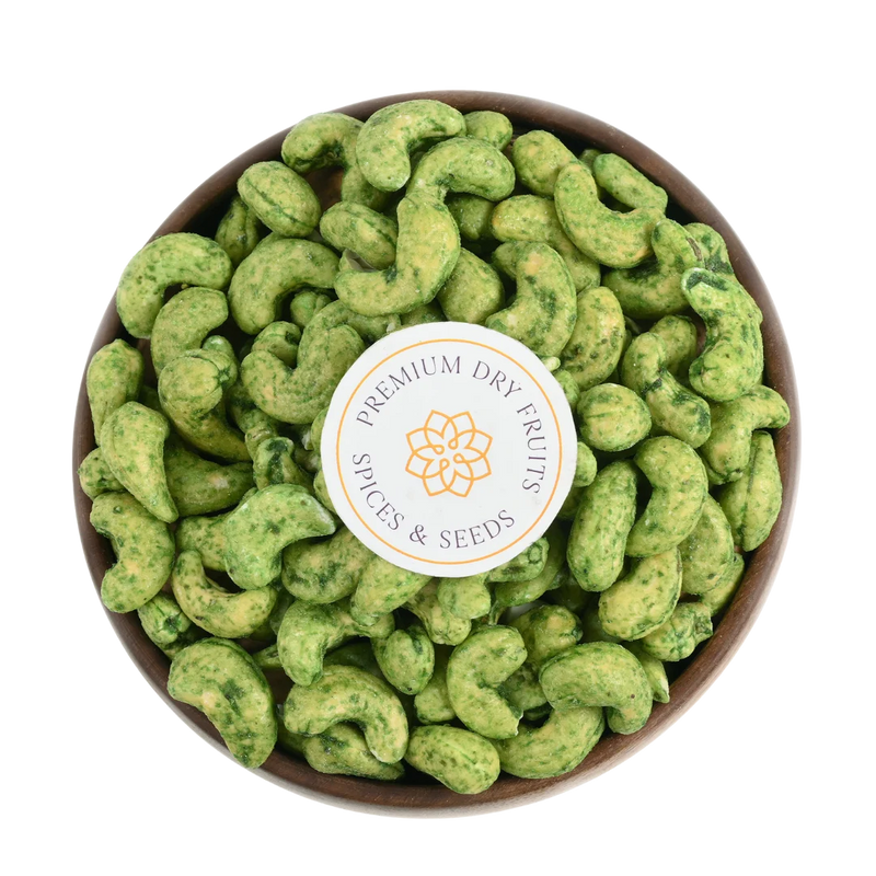 Fresh roasted cashews coated with green chilli seasoning, freshly packed by House of Rasda Bangalore, ideal for bold and flavorful snacking.