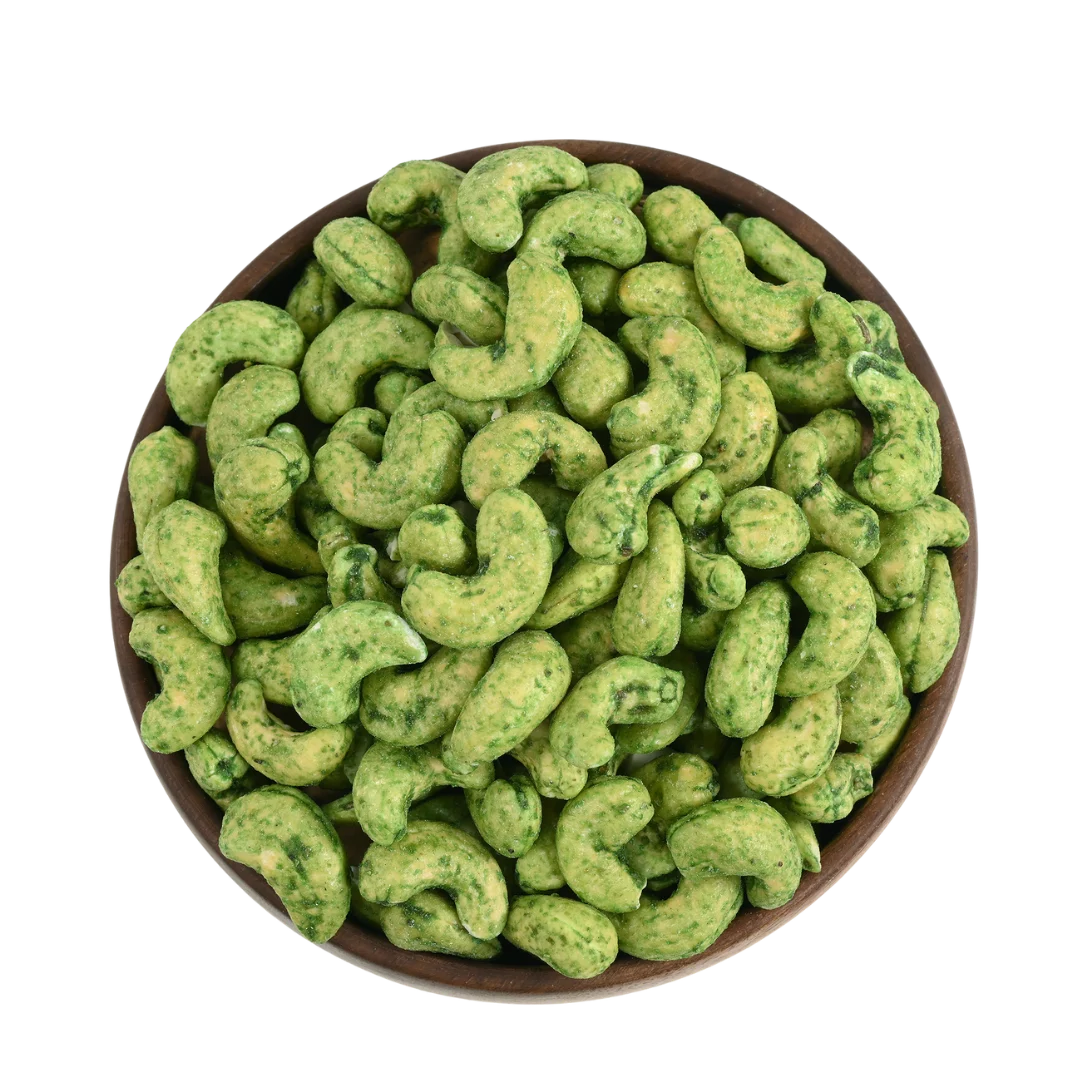 Hot and zesty green chilli cashew nuts with authentic spice blend, flavoured dry fruits from House of Rasda, great for travel, parties, and daily energy.