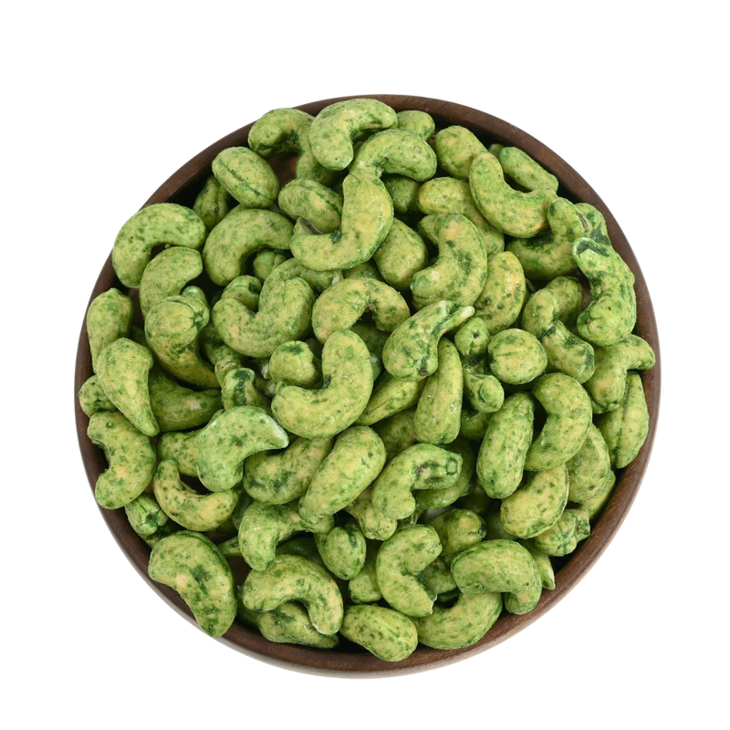 Hot and zesty green chilli cashew nuts with authentic spice blend, flavoured dry fruits from House of Rasda, great for travel, parties, and daily energy.