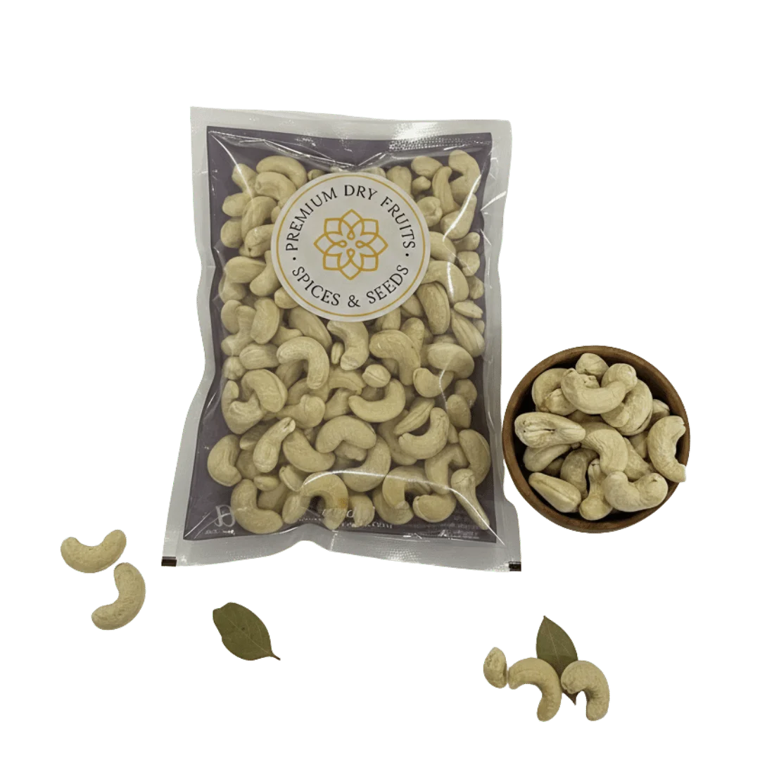Packaged Cashew Nuts Kernels Choice with a bowl of cashews on a white background