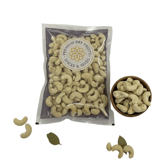 Packaged Cashew Nuts Kernels Choice with a bowl of cashews on a white background