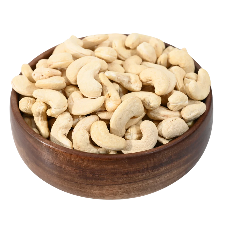 Fresh whole cashews rich in protein and healthy fats, beautifully displayed in a wooden bowl, available to buy premium cashews online in Bangalore from House of Rasda.