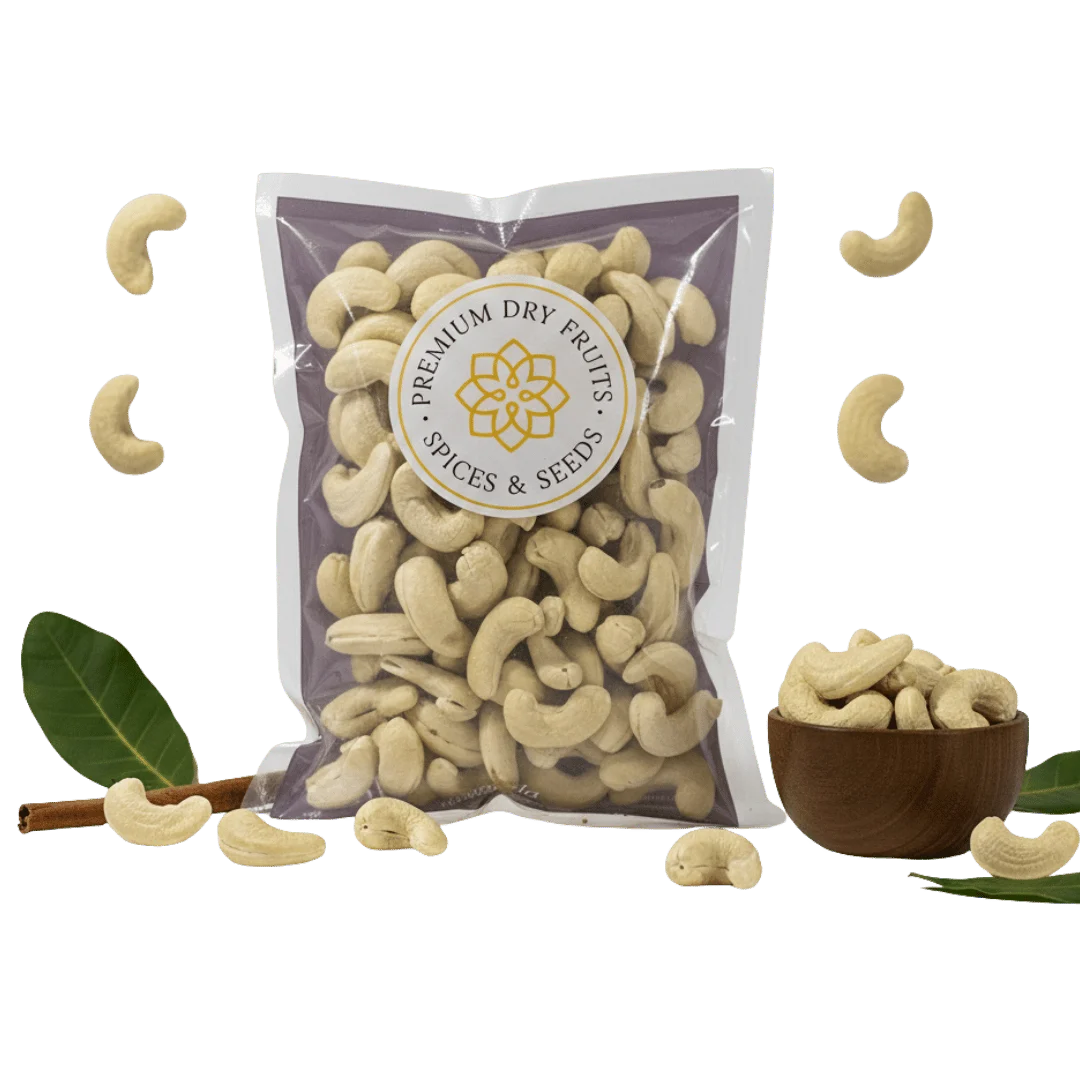 Packaged  Cashew Nuts Kernels Premium – Large Whole Cashews (W180) with a visible brand label on a white background