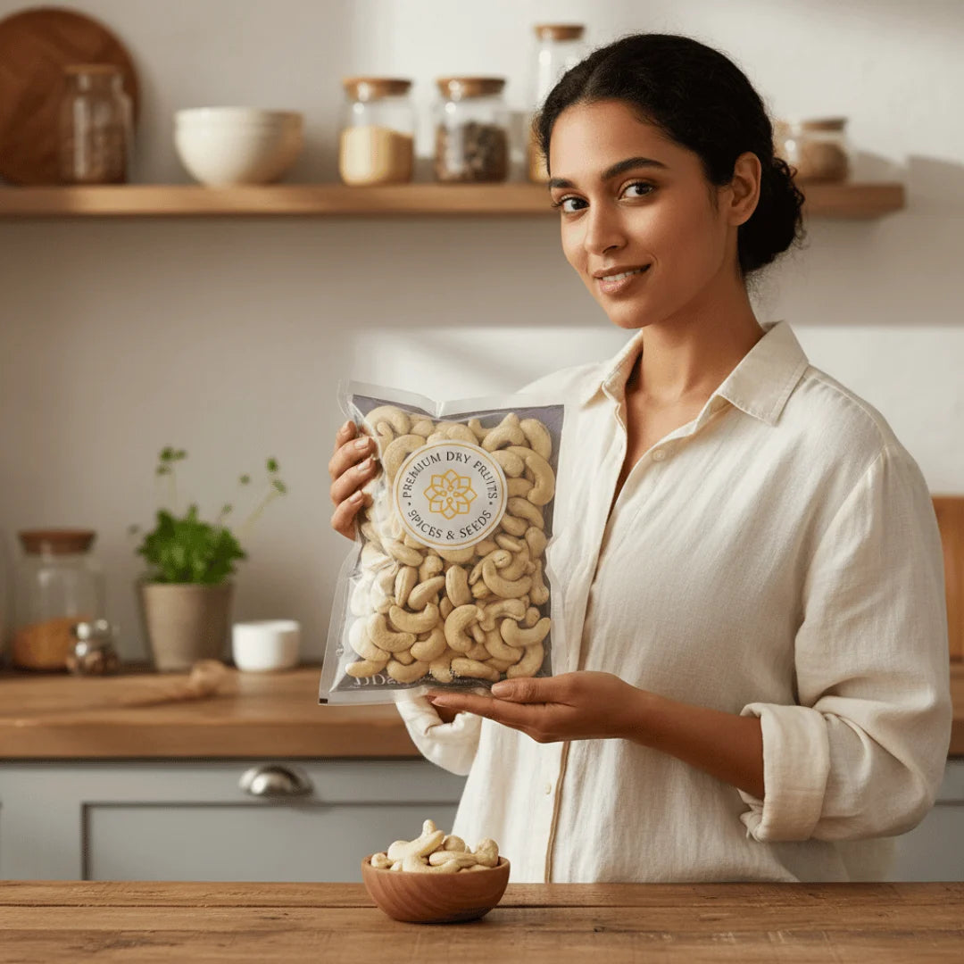 Woman holding premium W150 whole cashew nuts kernels signature pack in modern kitchen – healthy luxury dry fruits snack