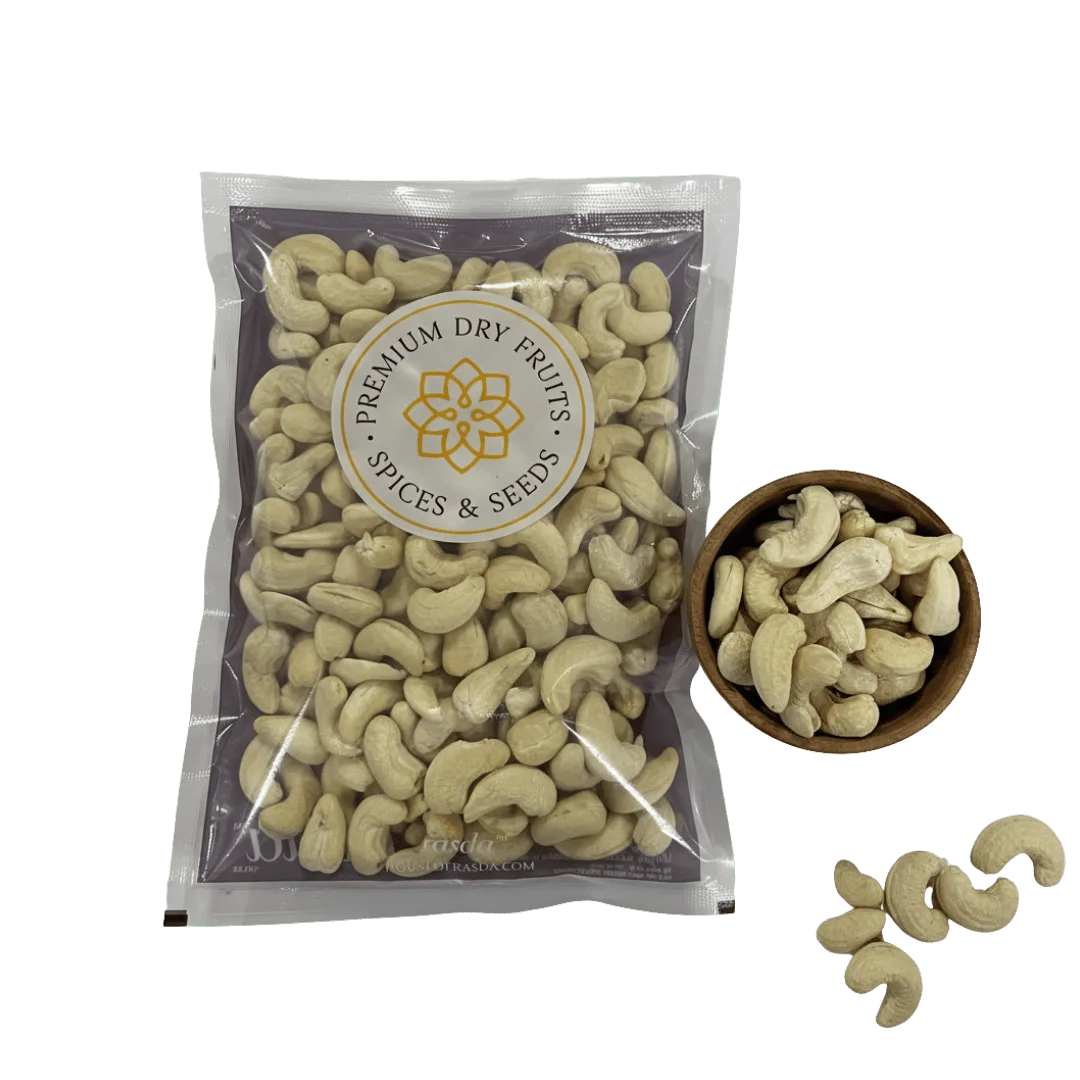 Packaged Cashew Nuts Kernels Standard – Regular Whole Cashews (W320) with a bowl and cashew on a white background