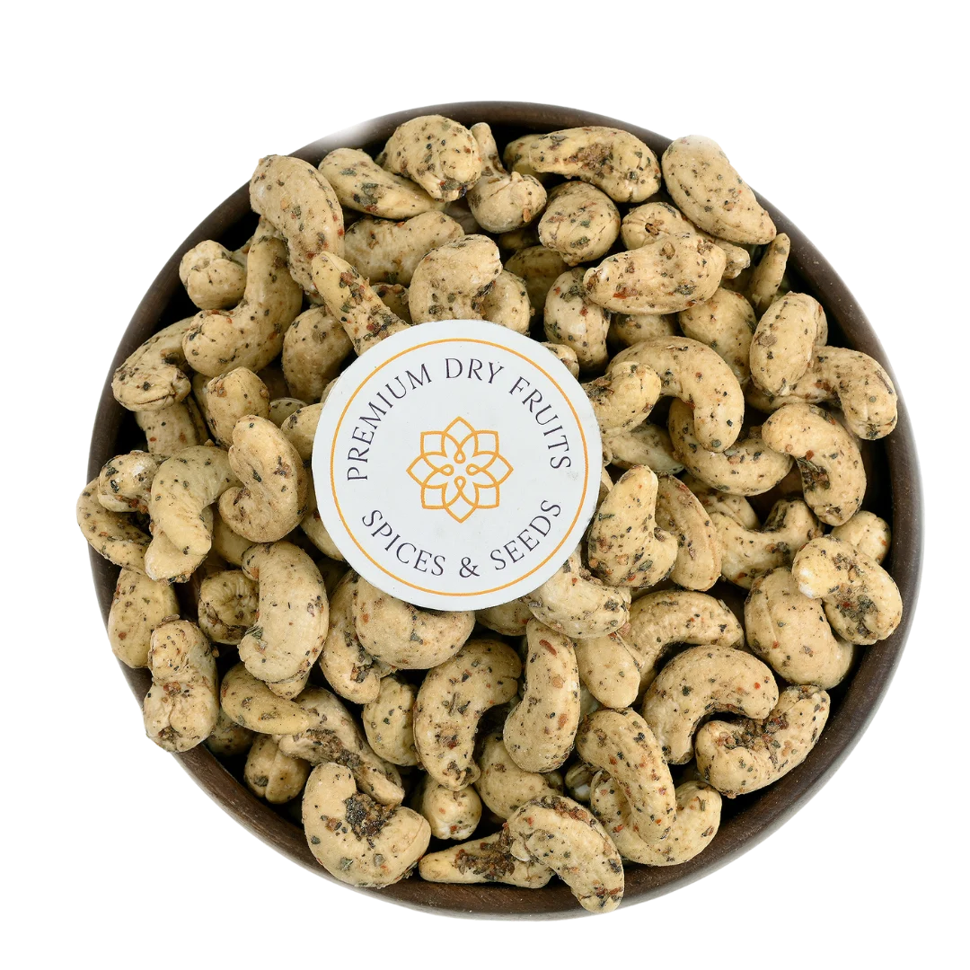 Roasted cashews coated with aromatic oregano seasoning, freshly packed by House of Rasda Bangalore, ideal for snacking and gifting.