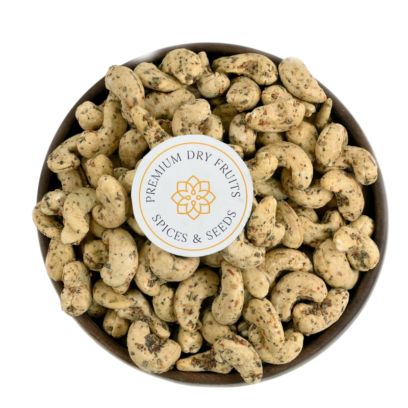 Roasted cashews coated with aromatic oregano seasoning, freshly packed by House of Rasda Bangalore, ideal for snacking and gifting.