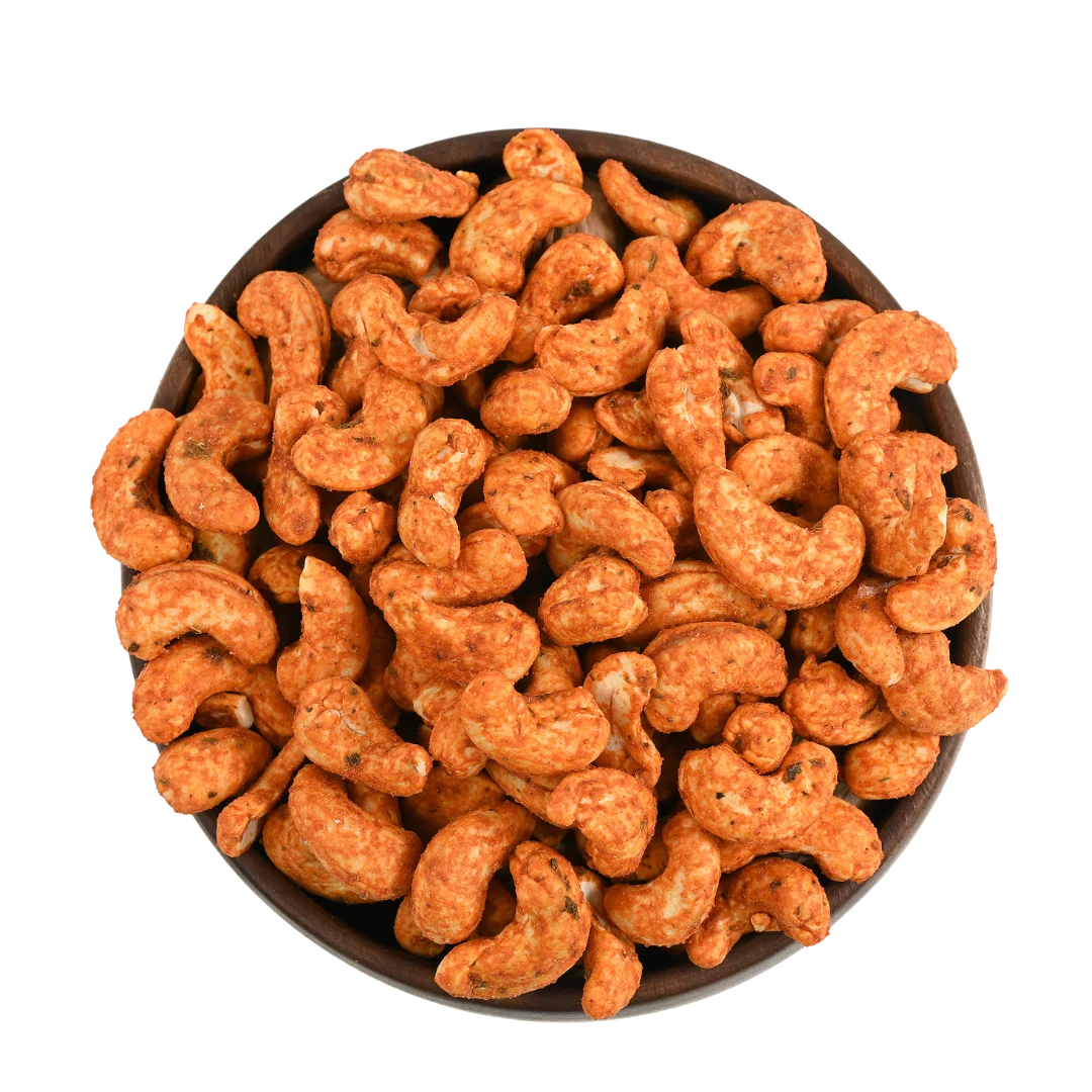 Crunchy roasted cashew nuts with authentic paneer tikka masala flavour, healthy flavoured dry fruits from House of Rasda, ideal for party snacks and festive munching.