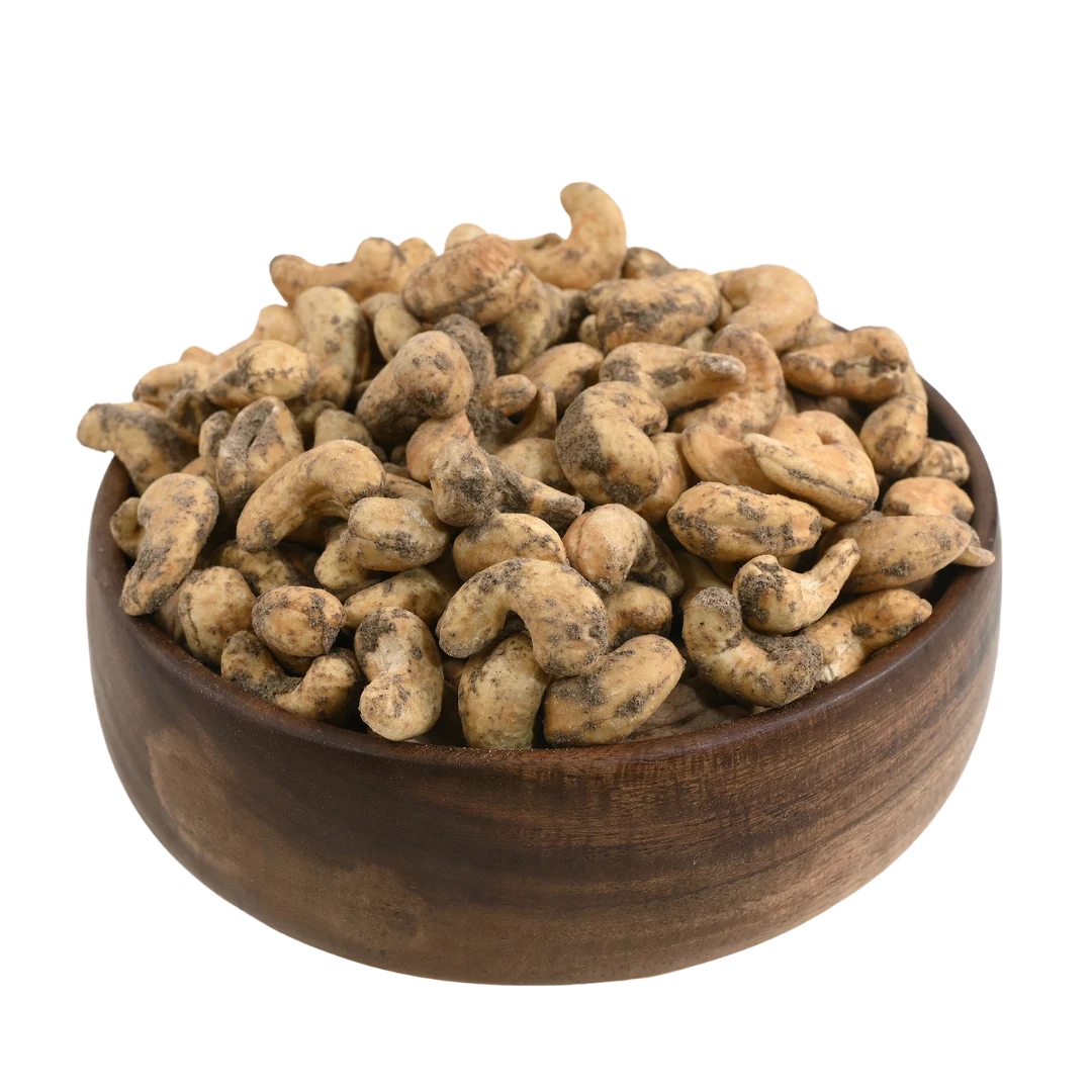 Savoury black pepper spiced cashew nuts with aromatic taste, healthy flavoured dry fruits from House of Rasda, great for party snacks and travel packs.