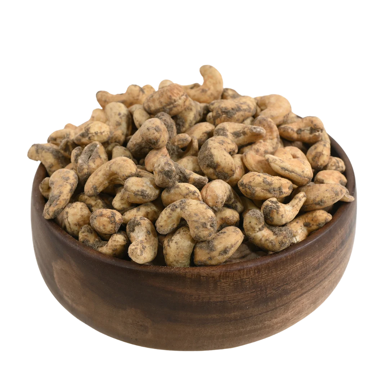 Savoury black pepper spiced cashew nuts with aromatic taste, healthy flavoured dry fruits from House of Rasda, great for party snacks and travel packs.