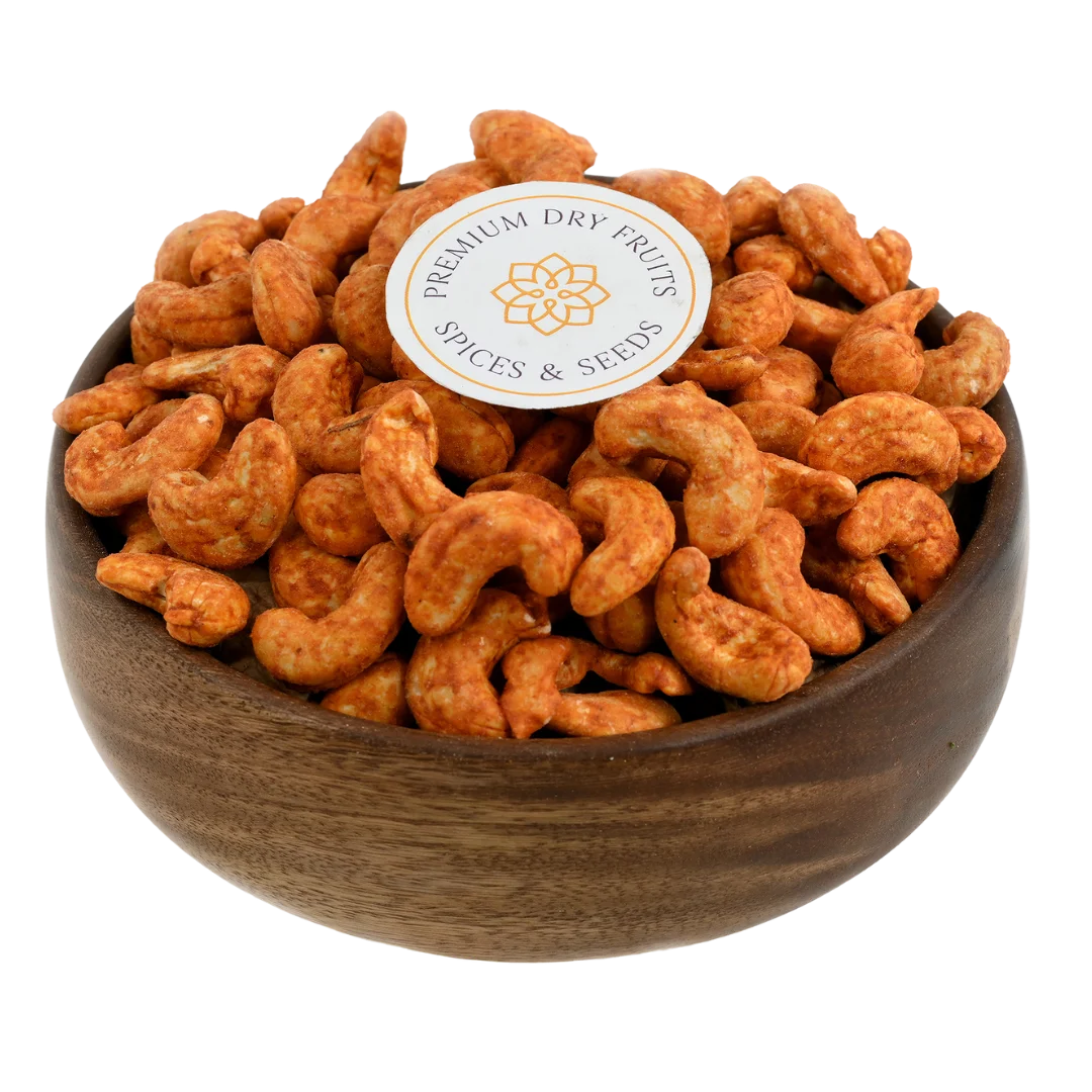 Fiery peri peri spiced cashew nuts served in a wooden bowl, buy flavoured cashews online in Bangalore