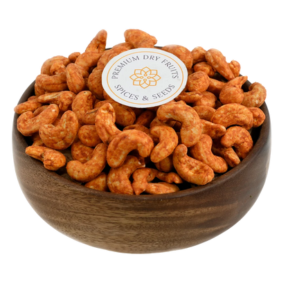 Fiery peri peri spiced cashew nuts served in a wooden bowl, buy flavoured cashews online in Bangalore