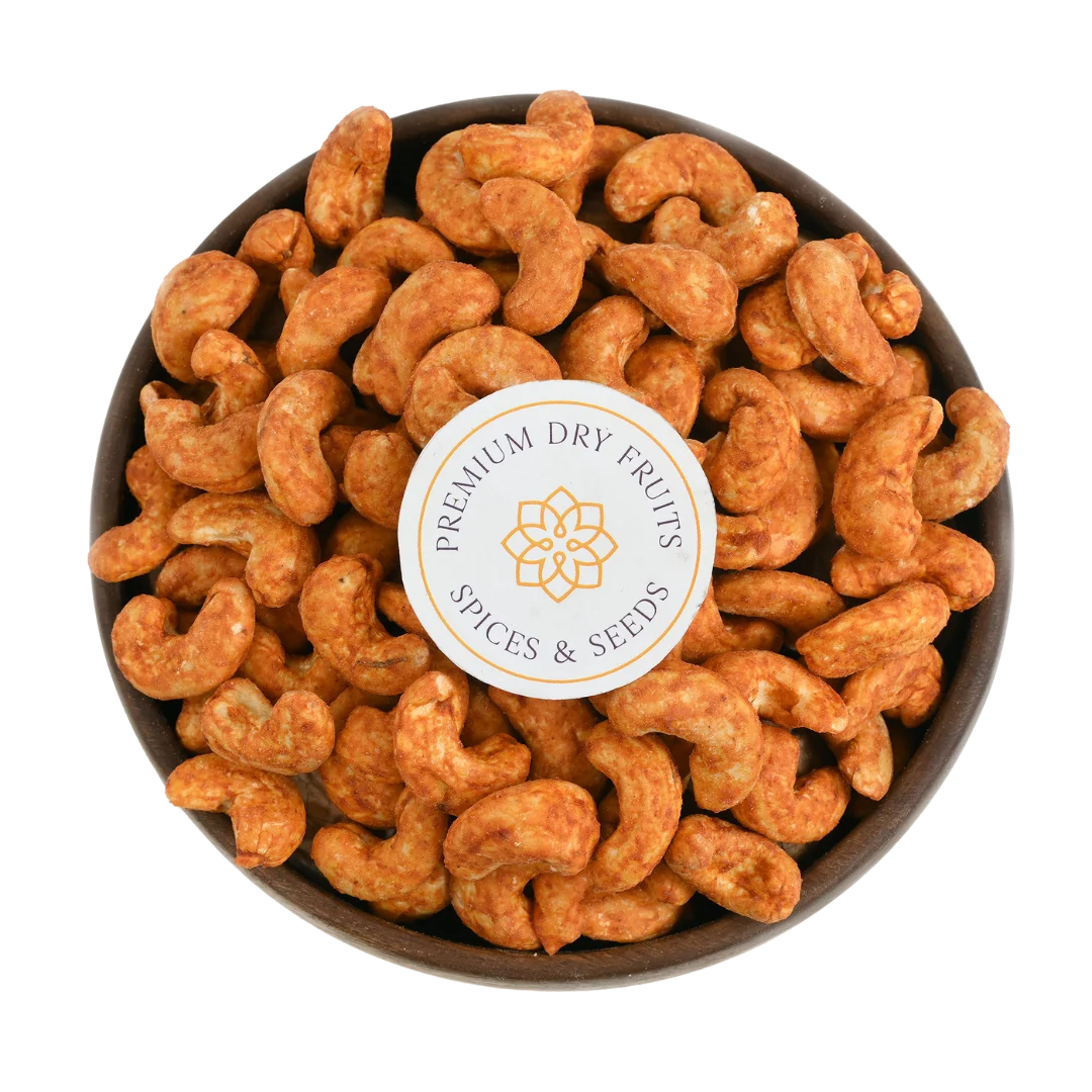 Roasted cashews coated with authentic peri peri seasoning, ideal for parties and travel snacks.