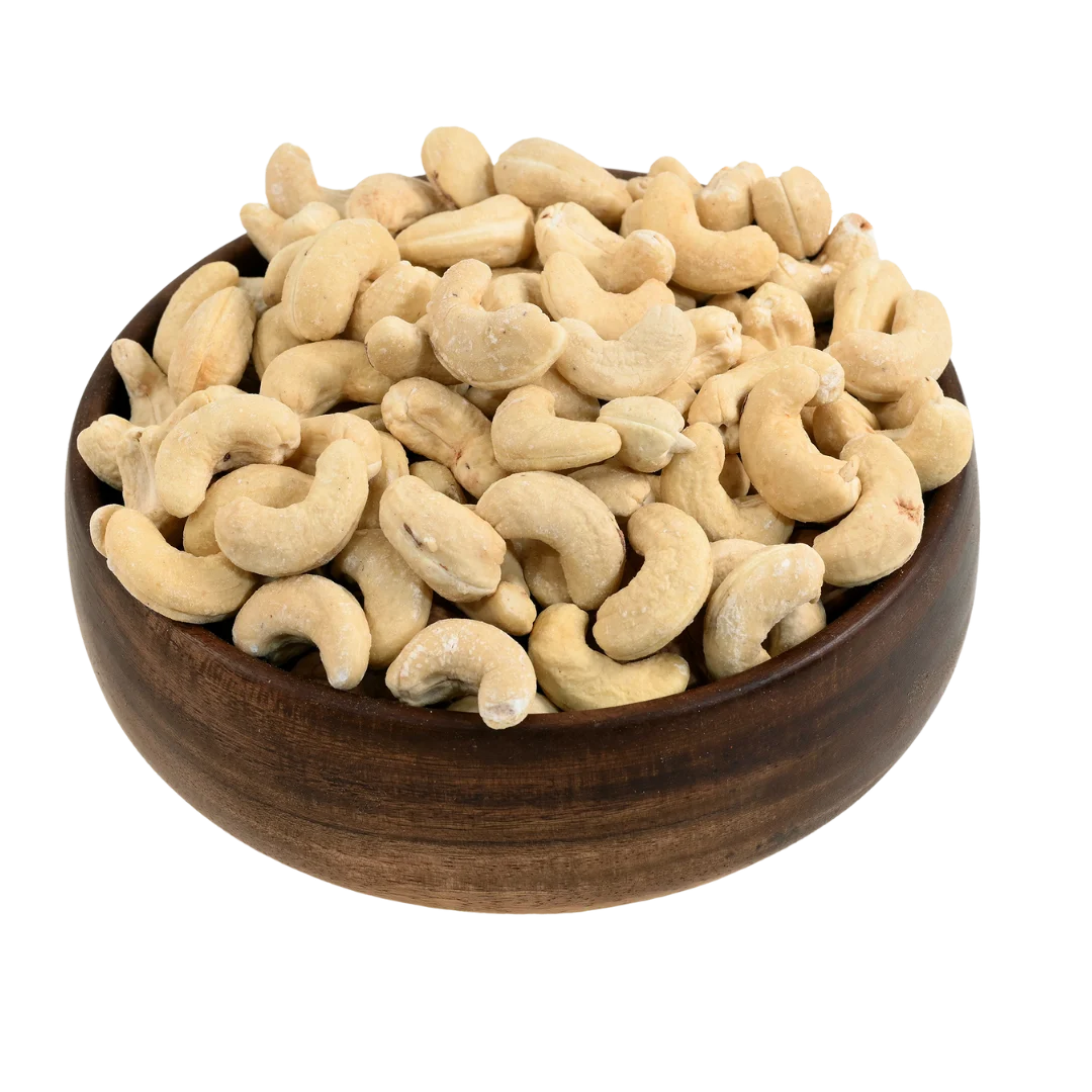 Premium roasted salted cashews in wooden bowl - best quality whole dry fruits