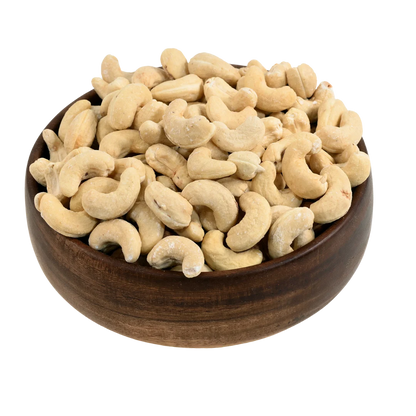 Premium roasted salted cashews in wooden bowl - best quality whole dry fruits