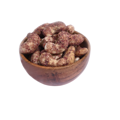 Wooden bowl filled with Cashew Nuts Rose Petal on a white background