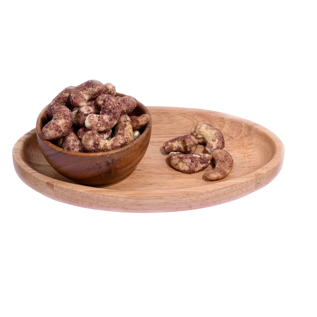 Wooden bowl and tray with Cashew Nuts Rose Petal on a white background