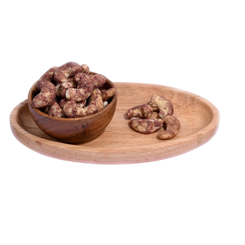 Wooden bowl and tray with Cashew Nuts Rose Petal on a white background