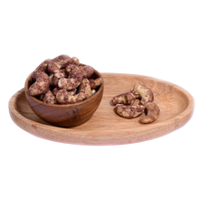 Wooden bowl and tray with Cashew Nuts Rose Petal on a white background