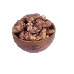 Wooden bowl filled with Cashew Nuts Rose Petal on a white background