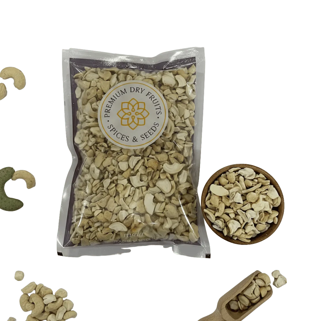 Packaged Cashew Nuts Small Pieces label on a white background