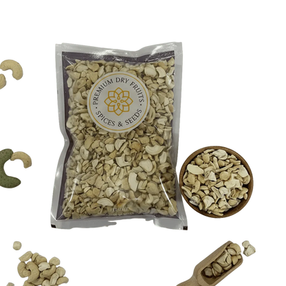 Packaged Cashew Nuts Small Pieces label on a white background