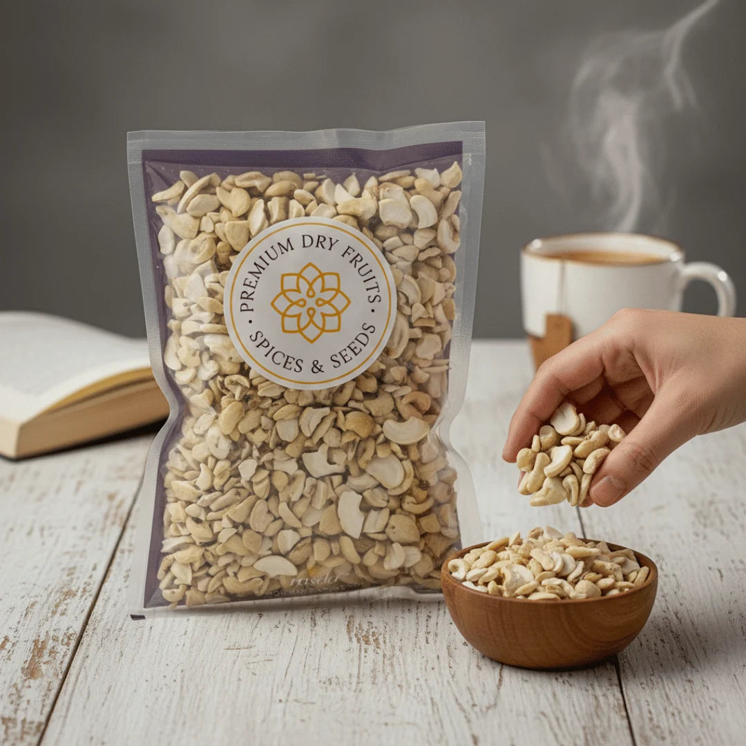Hand pouring Cashew Nuts Small Pieces from a bag labeled 'Premium Dry Fruits & Spices' onto a wooden bowl on a rustic surface.