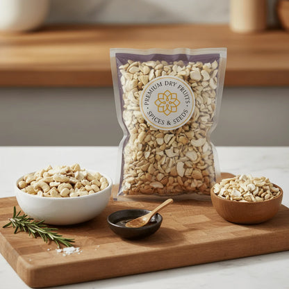 Packaged Cashew Nuts Small Pieces on a wooden cutting board with bowls of nuts and a spoon.