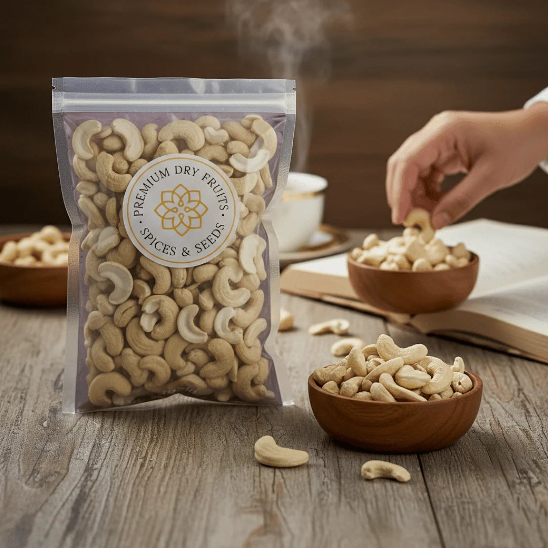 Packaged Cashew Nuts Split Kernels – Broken Cashews with a hand picking up a cashew from a bowl on a wooden surface.