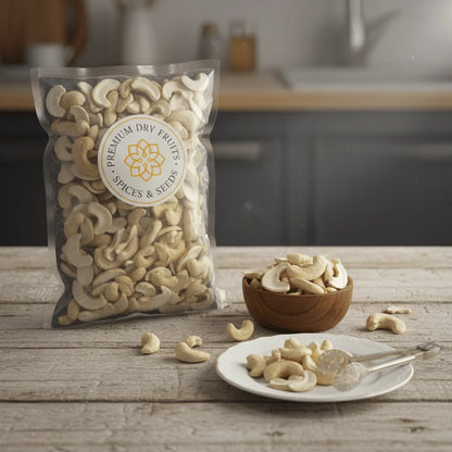 Bag of Cashew Nuts Split Kernels – Broken Cashews  with a brand label on a wooden table in a kitchen setting