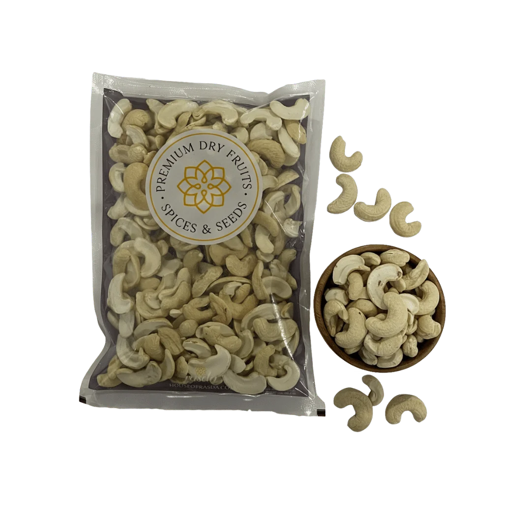Packaged Cashew Nuts Split Kernels – Broken Cashews with label on a white background