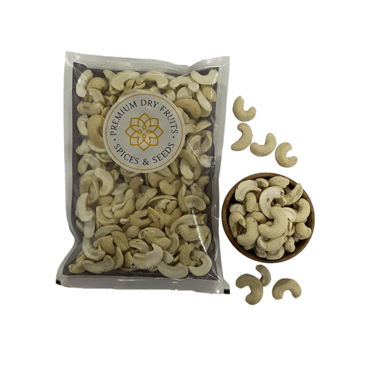 Packaged Cashew Nuts Split Kernels – Broken Cashews with label on a white background