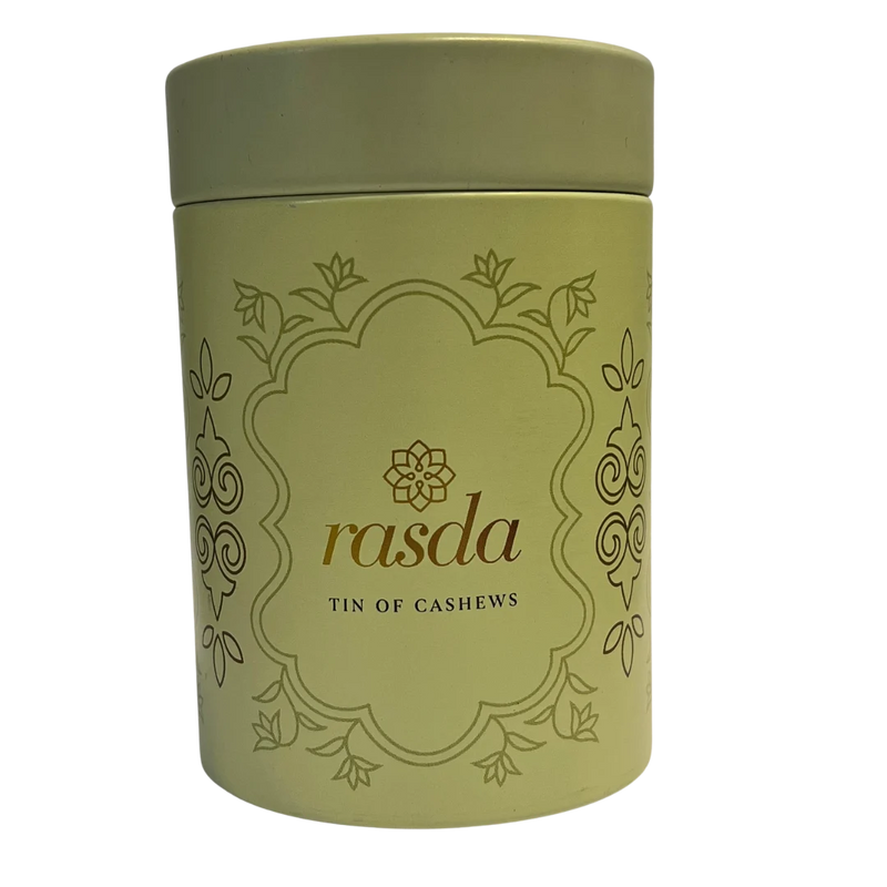 Green canister with Cashew 'rasda' branding on a white background