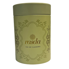 Green canister with Cashew 'rasda' branding on a white background
