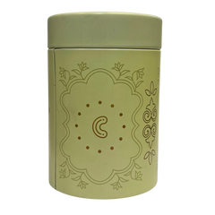 Green cylindrical container with Cashew flavour decorative design on a white background