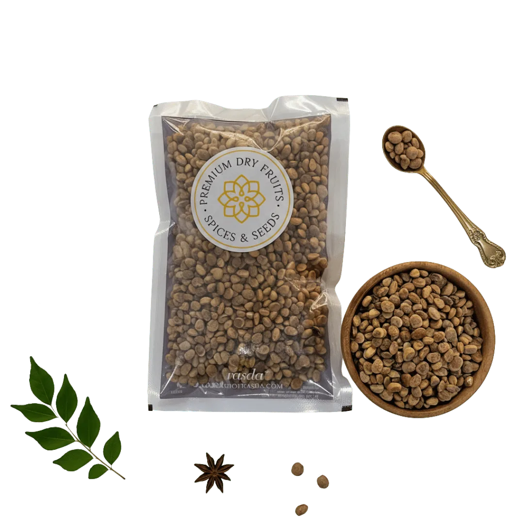 Packaged Charoli Seeds with a bowl and spoon on a white background