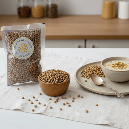 Packaging of Charoli Seeds with a bowl and plate of food on a table