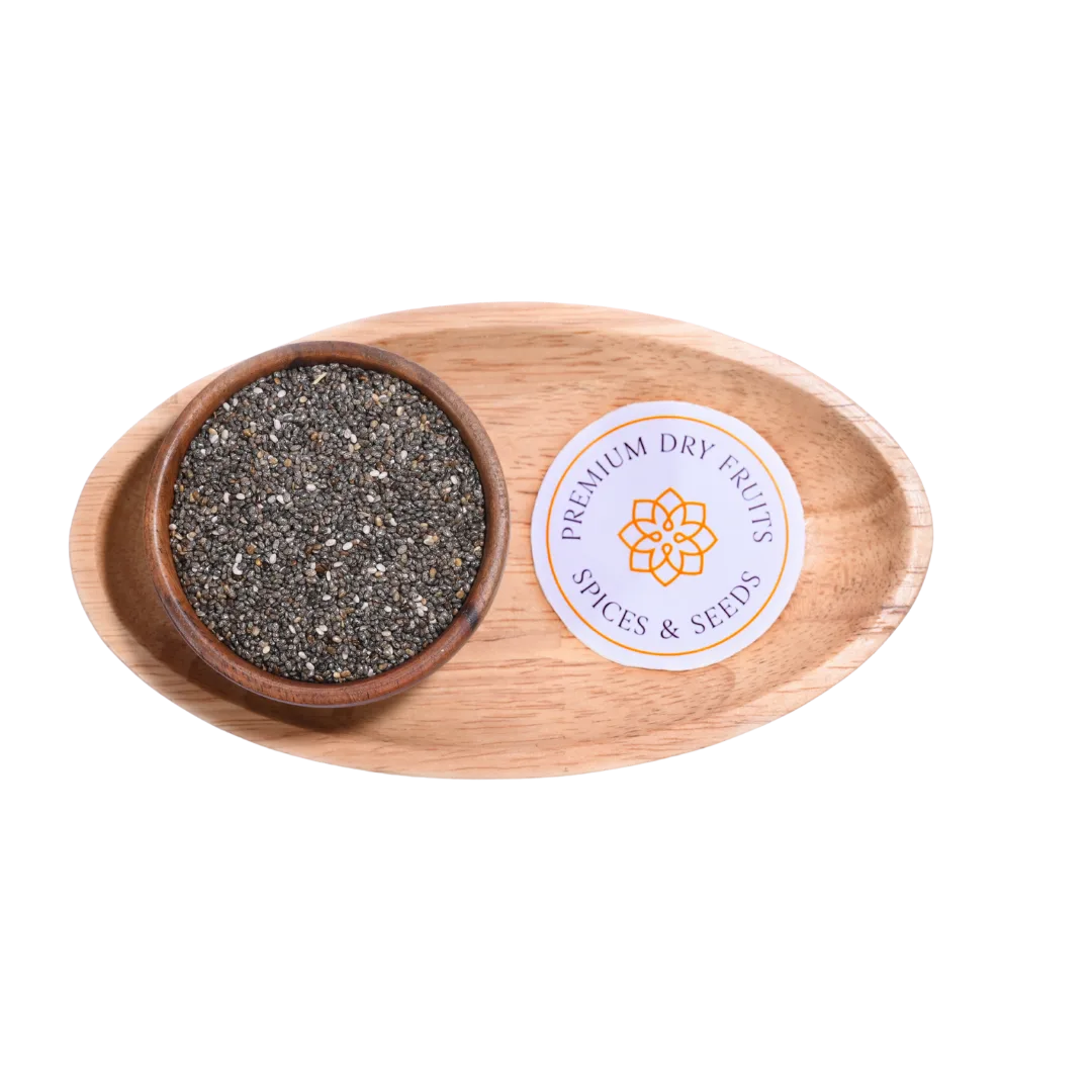 Wooden bowl with chia seeds and a 'Spices & Seeds' label on a white background