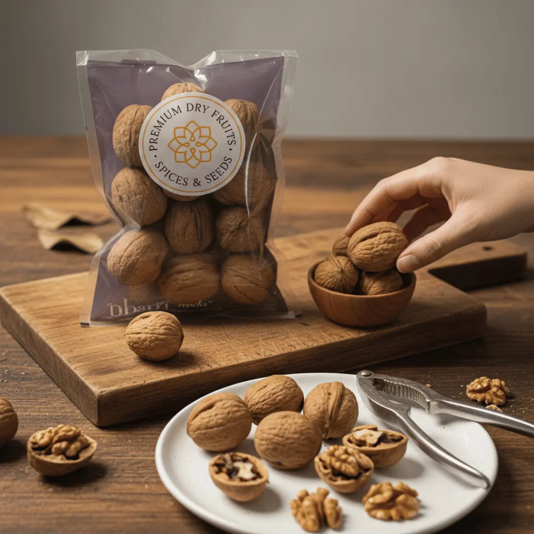 Premium in-shell walnuts (Akhrot) displayed with nutcracker, cracked walnuts, and whole walnuts on wooden table.